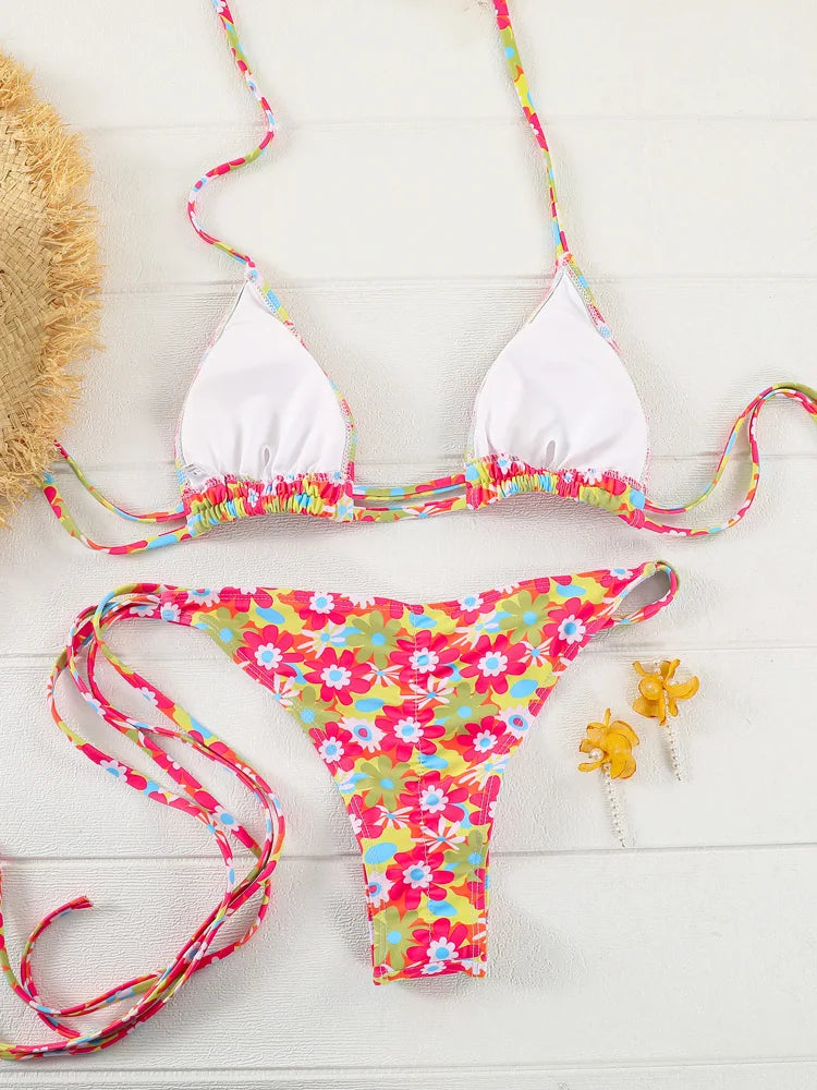 Triangle Bikini Set Floral Print Swimwear Women Sexy Swimsuit Bandage Bathing Suits Low Waist Beachwear Summer Biquini