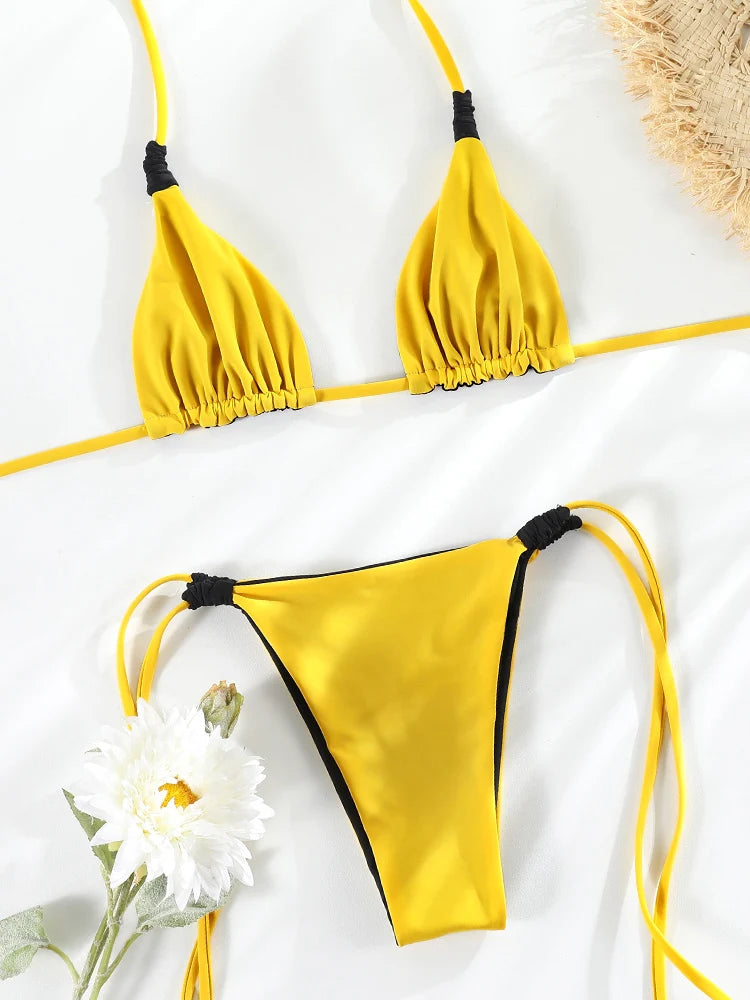 GiGiBikini 2025 Swimsuit High Cut Bathwear Triangle Bikinis Solid Color Bikini Set Bandage Swimwear Summer Bikini Two Sided Bathuits