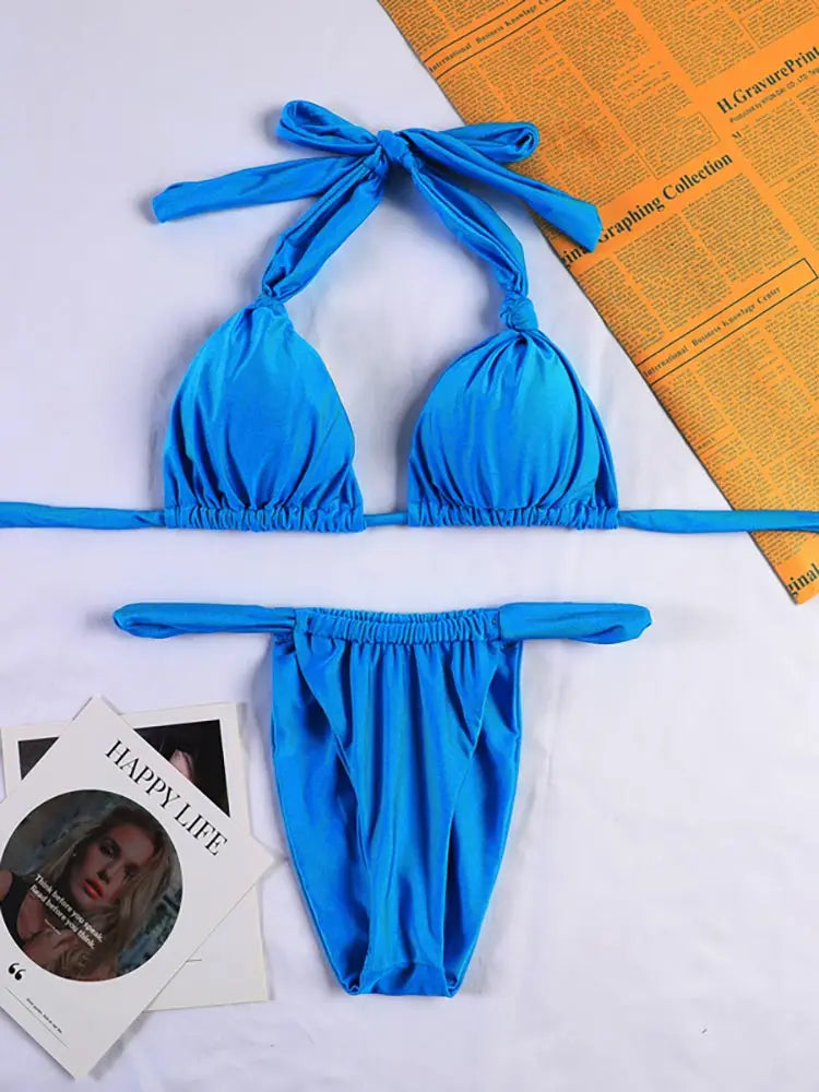 Low Waist Bikini Solid Color Swimwear Women Swimsuit Sexy Bikini Set 2024 Pleasted Beachwear Bandage Suits Mciro Thong Biquini