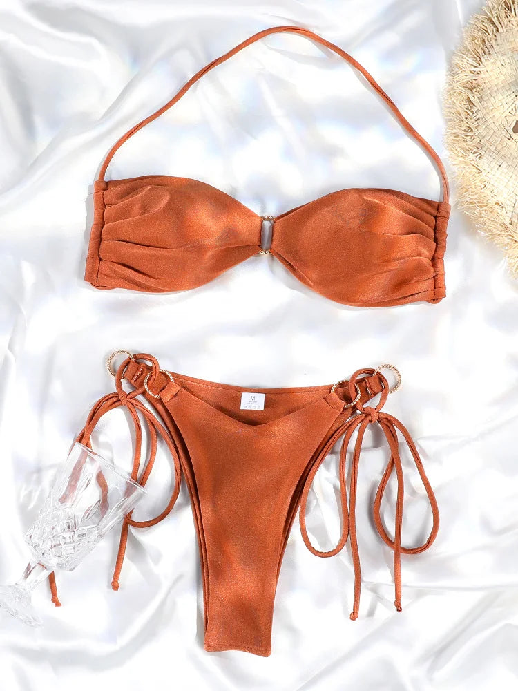 GiGiBikini Solid Color Bikini Sets Push Up Bikinis Women Swimsuit Rings Bandage Beachwear Swimwear 2025 Two Piece Suit Sexy Bathsuit