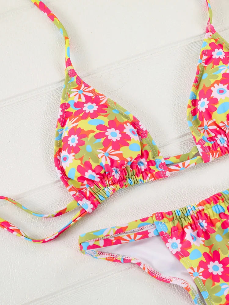 Triangle Bikini Set Floral Print Swimwear Women Sexy Swimsuit Bandage Bathing Suits Low Waist Beachwear Summer Biquini