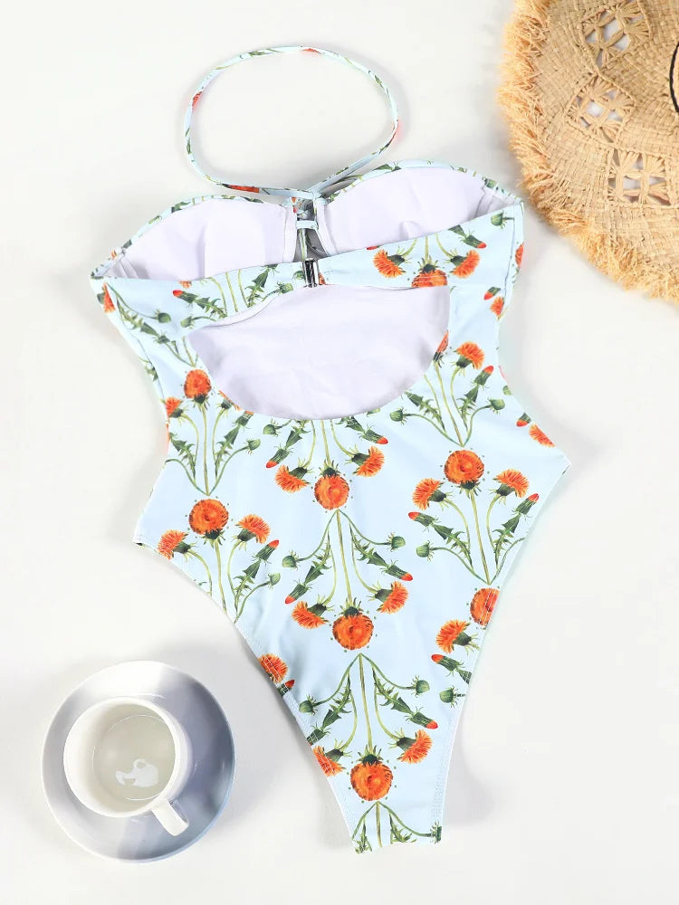 GiGiBikini 2025 Swimsuit Bandage One Piece Suit Floral Printed Swimwear Women Bathsuit Sexy Bathwear High Cut Beachwear New Bodysuit