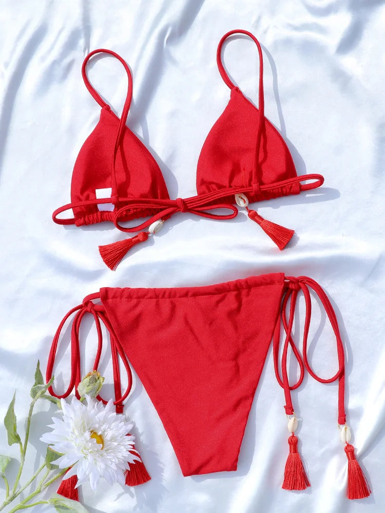 2025 Bikini Set Triangle Bathwear Bandage Swimsuits Sexy Bikinis Tassels Swimwear Solid Color Bathsuit Brazilian Swimsuit
