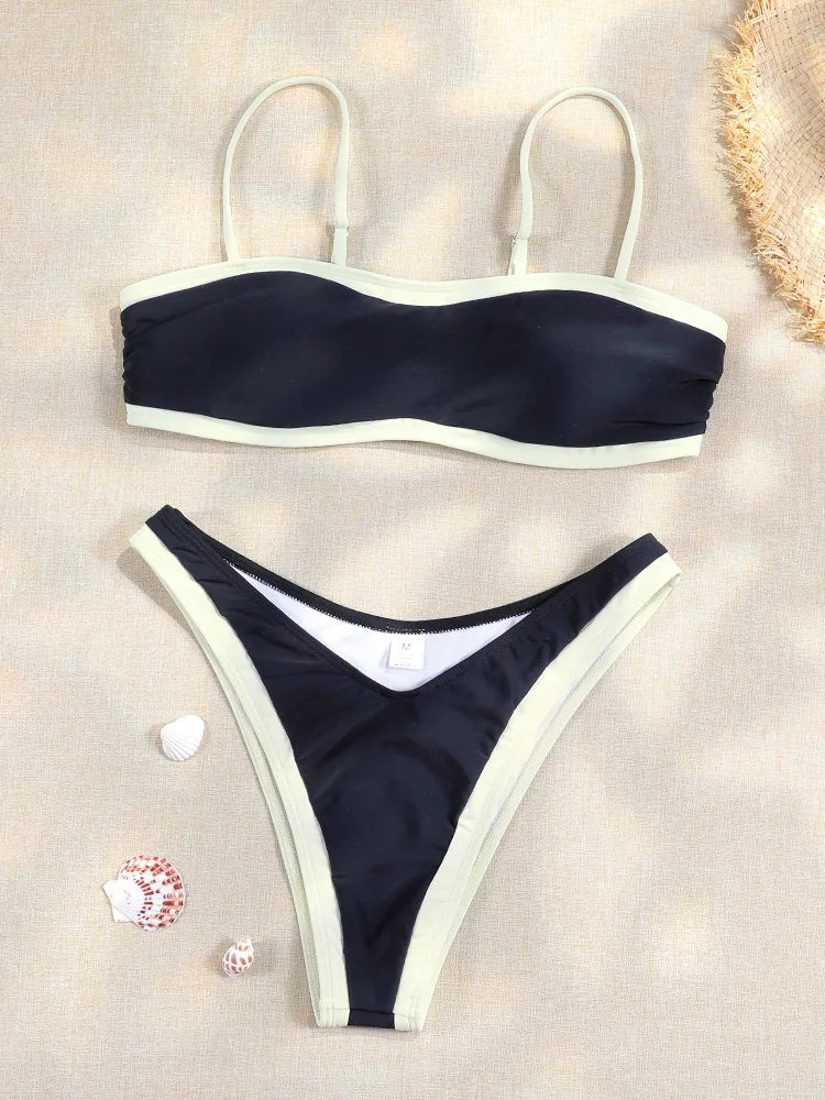 GiGiBikini High Cut Bikini Sets Bandage Bordered Thongs Swimwear Women's Low Waist Bathsuit Sexy Swimsuit 2024 Solid Color Beachwear