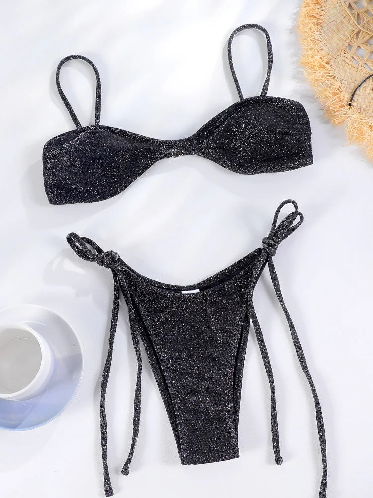 GiGiBikini Shiny Bikini Sets  Black Color Beachwear Bandage Swimsuit High Cut Swimwear Sexy Bikini Women Bathsuit Patchwork Bathwear