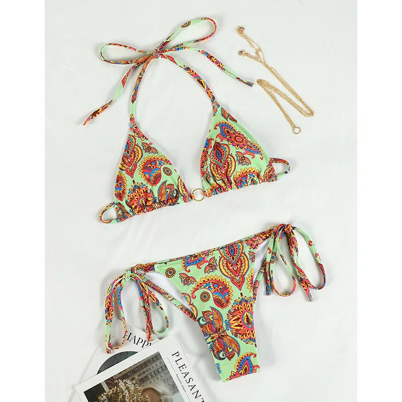 Triangle Bikini Sets Print Swimsuit Women 2023 Bikinis Bandage Swimwear Micro Thong Two Piece Suit Biquini Brazilian Swimsuits