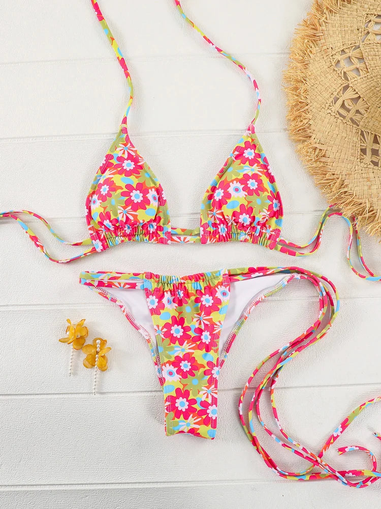 Triangle Bikini Set Floral Print Swimwear Women Sexy Swimsuit Bandage Bathing Suits Low Waist Beachwear Summer Biquini