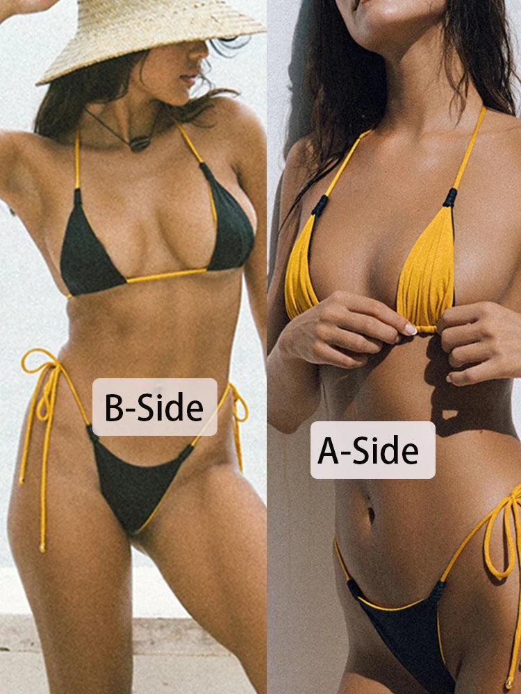 GiGiBikini 2025 Swimsuit High Cut Bathwear Triangle Bikinis Solid Color Bikini Set Bandage Swimwear Summer Bikini Two Sided Bathuits