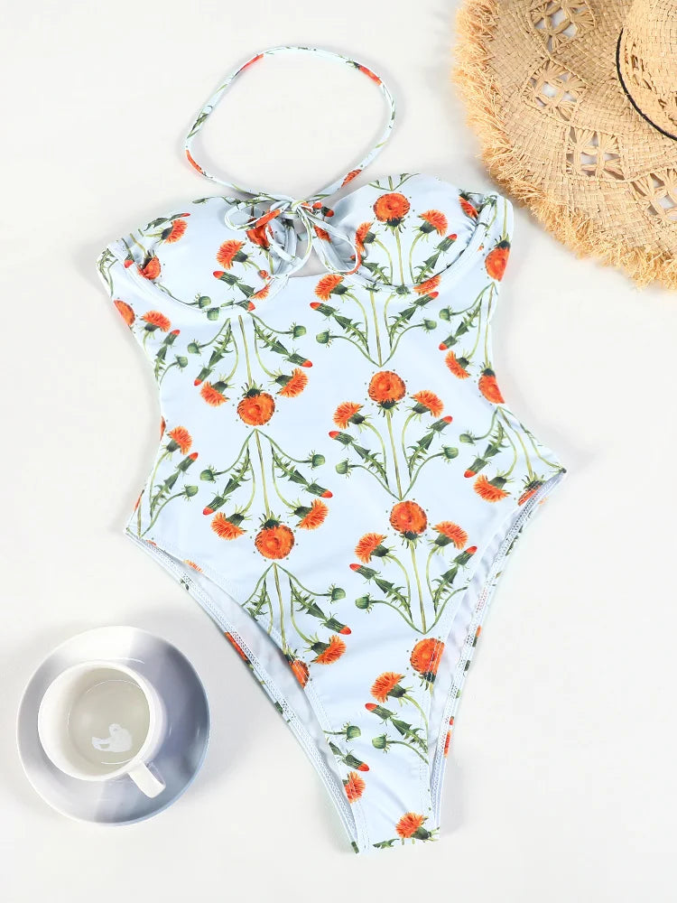 GiGiBikini 2025 Swimsuit Bandage One Piece Suit Floral Printed Swimwear Women Bathsuit Sexy Bathwear High Cut Beachwear New Bodysuit