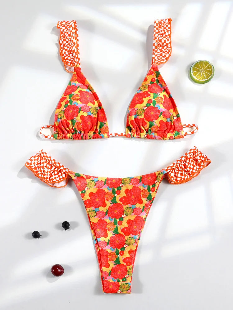 GiGiBikini Ruffle Bikini Summer Two Piece Suit Sexy Swimwear Bandage Biquini Triangle Swimsuit Printed Bathsuit Women 2025 Beachwear
