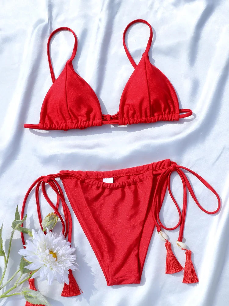 2025 Bikini Set Triangle Bathwear Bandage Swimsuits Sexy Bikinis Tassels Swimwear Solid Color Bathsuit Brazilian Swimsuit