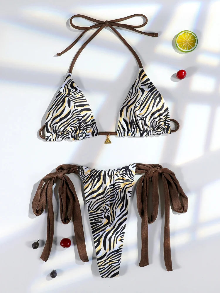Bandage Swimwear Sexy Bikini Triangle Swimsuit Women 2024 Pleated Biquinis Brazilian Printed Bathing Suit Thongs Swimming Wear
