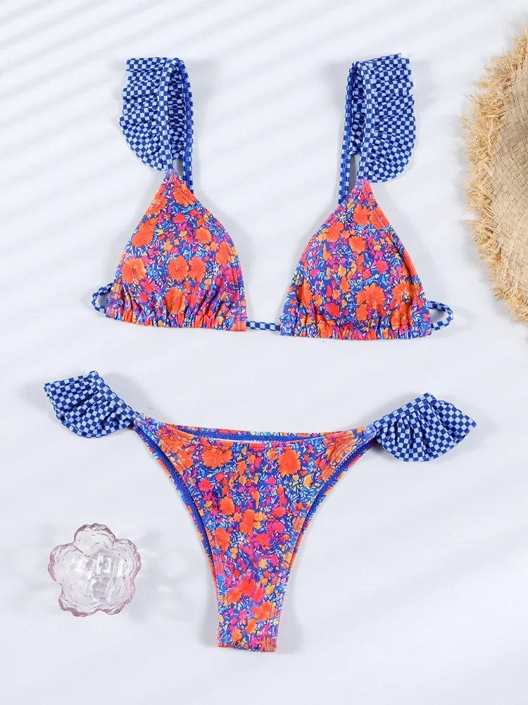 GiGiBikini Ruffle Bikini Summer Two Piece Suit Sexy Swimwear Bandage Biquini Triangle Swimsuit Printed Bathsuit Women 2025 Beachwear