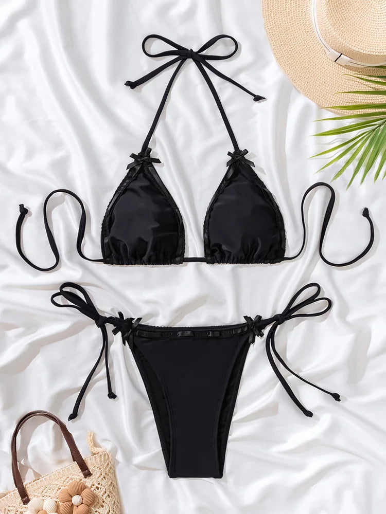 GiGiBikini Triangle Bikini Set Solid Color Bandaged Swimsuit Women's Swimsuit Low Waist Bikinis New Two Piece Suits Sexy Bathwear