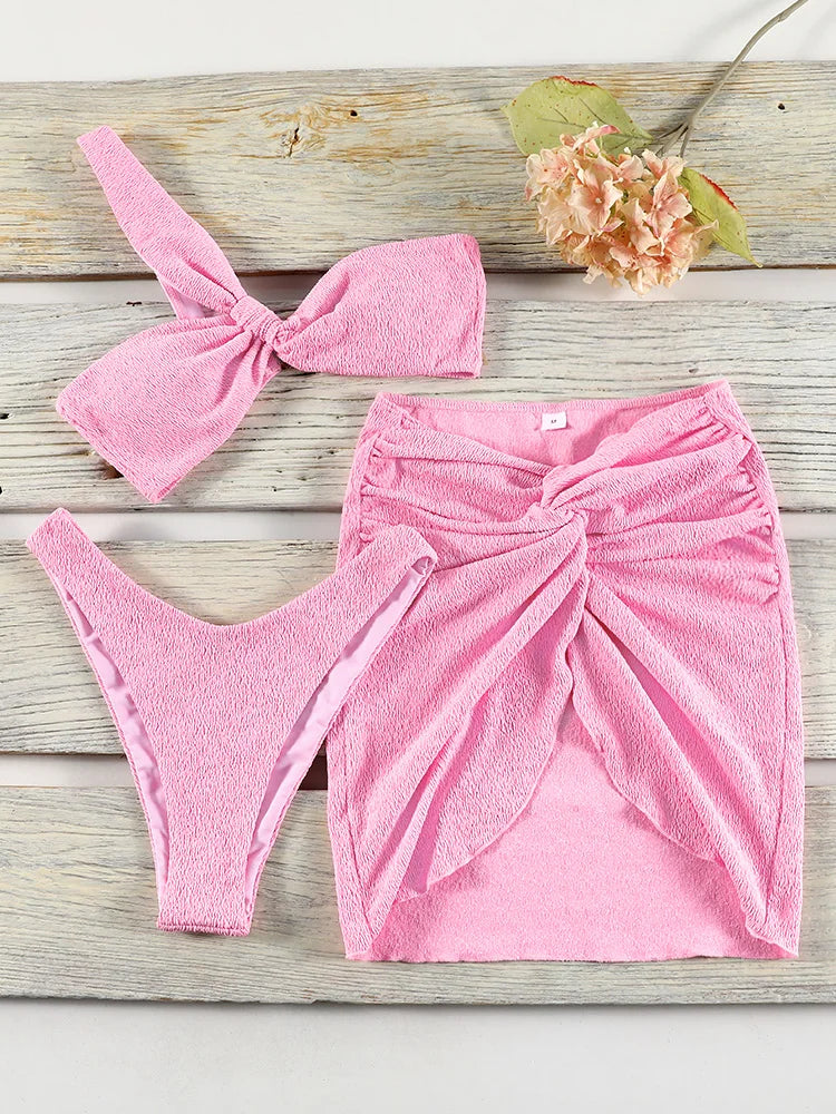 GiGiBikini One Shoulder Bikinis Push Up Swimwear Women Three Piece Suit New Bathing Suit Beach Wrap Solid Color Beachwear