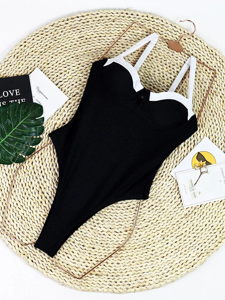 GiGiBikini Women Swimsuits Solid One Piece Suit Sexy Swimwear High Waist Bodysuits Bandage High Cut Suit Patchwork High Cut Bathsuit