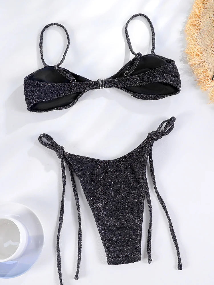 GiGiBikini Shiny Bikini Sets  Black Color Beachwear Bandage Swimsuit High Cut Swimwear Sexy Bikini Women Bathsuit Patchwork Bathwear