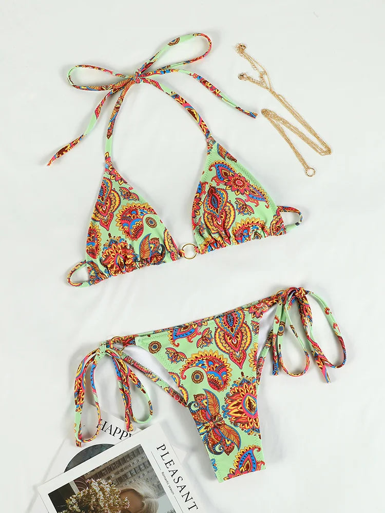 Bandage Swimwear Floral Print Bikinis Micro Thong Halter Swimsuit Women 2023 New Bikini Set Summer Beach Wear Mujer Sexy Biquini