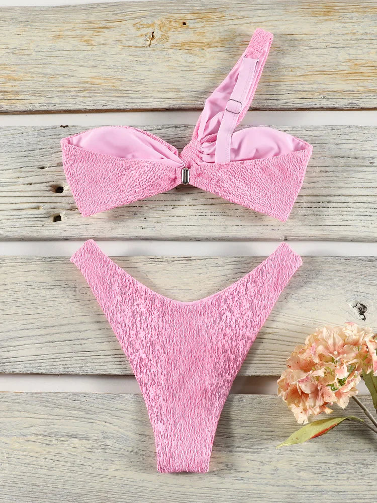 GiGiBikini One Shoulder Bikinis Push Up Swimwear Women Three Piece Suit New Bathing Suit Beach Wrap Solid Color Beachwear