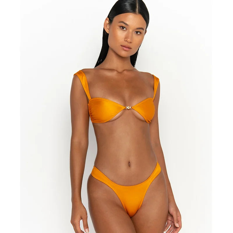 GiGiBikini Push Up Bikinis Shiny Swimsuit Women 2024 Sexy Bikini Sets Micro Thong Solid Color Beachwear Brazilian Thong Biquini